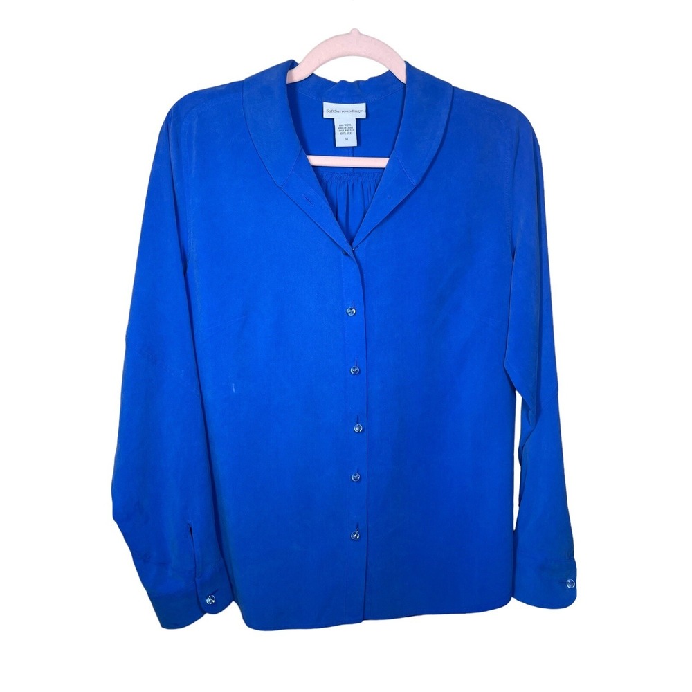 Soft Surroundings Women's PM‎ Blue Blouse Glass Buttons 100% Silk Career Wear